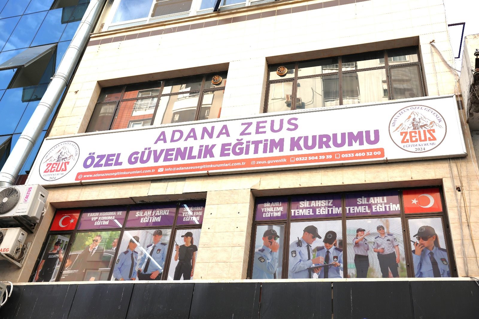 Adana Zeus Özel Güvenlik Eğitim Kurumu binası ve tabelası